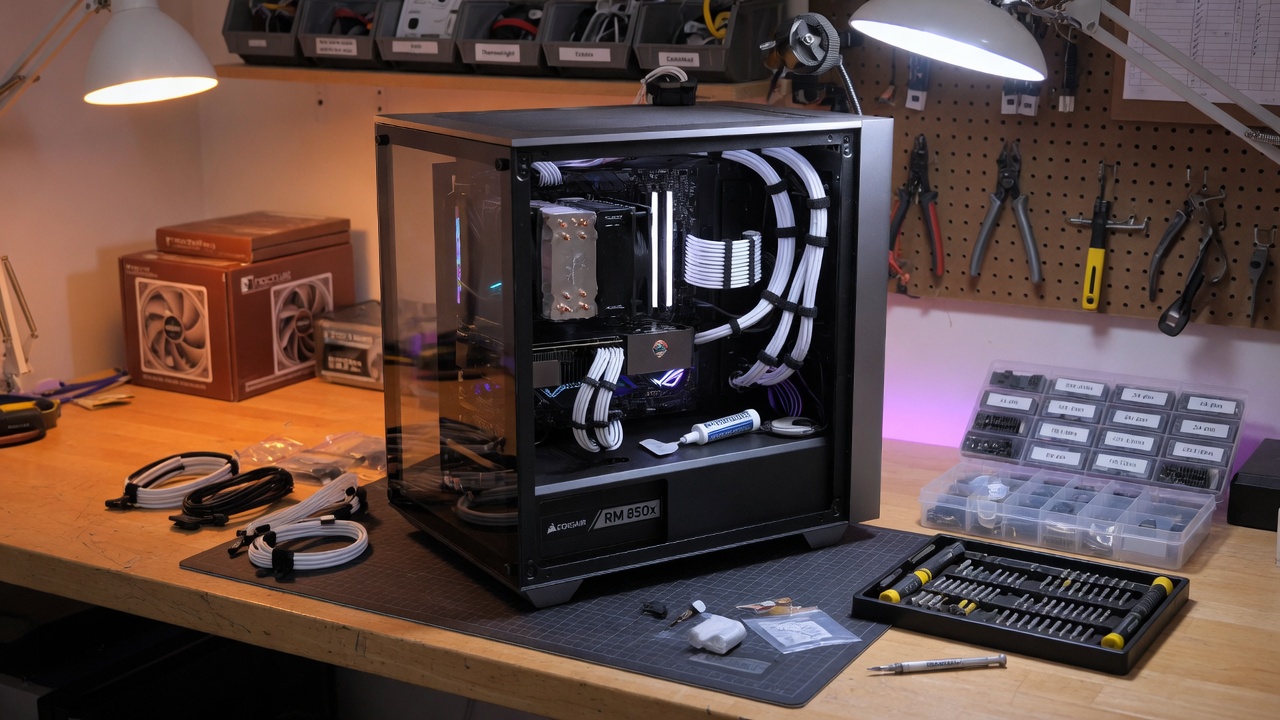 PC assembly workbench with components and tools